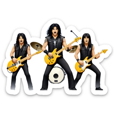 Icon for Heavy Metal: Anthrax live concert with Charlie Benante on drums, Joey Belladonna on vocals, Frank Bello on bass, Jonathan Donais and Scott Ian on guitars. The intense energy of the band is captured with instruments and stage lighting. Transparent background. sticker