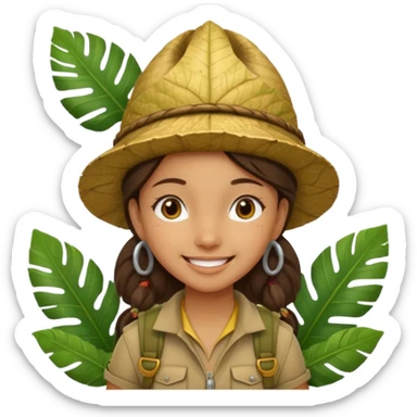 a girl explorer with jungle wearing a large leaf headgear bye  sticker
