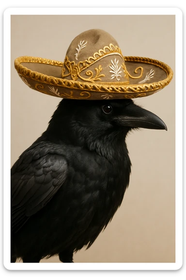 a realistic black crow with a traditional mariachi hat, detailed and lifelike sticker