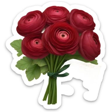 A bouquet of ruby-red ranunculus tied with a velvet ribbon and an old love letter sticker