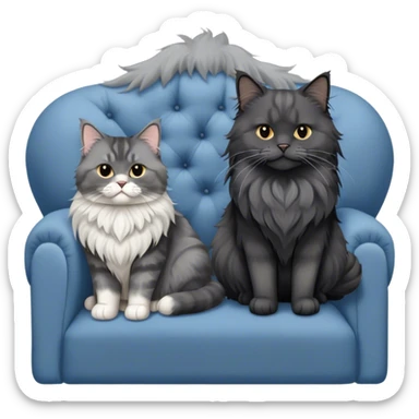A large black smoke Maine Coon cat with long grey ear tufts and a fluffy grey ruff, sitting next to a chubby British Shorthair cat in blue color with plush fur, both sitting comfortably on a sofa. Beautiful room background with flowers and soft lighting. Transparent background. sticker