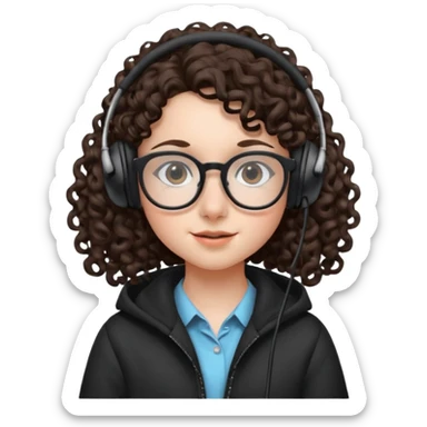 brunette kid with unique face features and very curly long hair kid girl neutral and big glasess and big nose and dark eyes with freckles kind of nerd looking and headphone wearing sticker