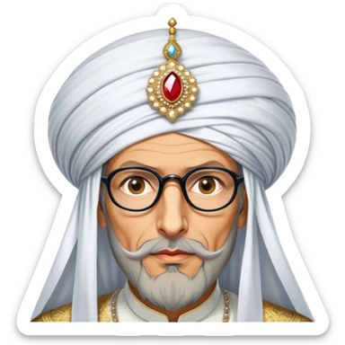 Jeff Goldblum no glasses as a regal portrait dressed as suleiman-the-magnificent,-depicted-as-a-regal-ottoman-sultan-adorned-with-a-large,-white,-round,-tall-turban-and-a-majestic-grey-beard,-his-commanding-gaze-bathed-in-warm,-historic-lighting-that-exudes-timel sticker
