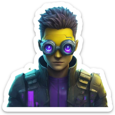 Secret human yellow emoji face agent with  cyberpunk elements with a spyglass scanning looking reviewing multicolor lines of code, cyan and purple colors, only upper body portrait sticker