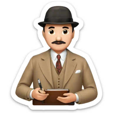 A cinematic-style frame showing Hercule Poirot in his iconic suit with a notebook in a dramatic detective pose. Background should be mysterious city, map, a board with photos of suspects, clues like fingerprints. Transparent background. sticker