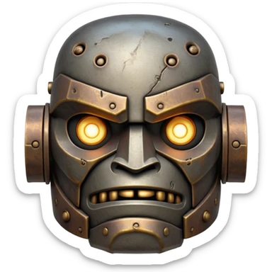 Cinematic Noble Mighty Iron Golem Portrait Emoji Poised and imposing, with a towering, metallic form forged from intricately detailed plates of burnished steel and ancient bronze, etched with faint traces of runes and weathered marks of time. Its piercing, glowing eyes radiate unwavering resolve, casting a solemn and commanding presence; rendered with lifelike texture and natural metallic highlights, high shine, elegant yet indomitable, styled with an aura of legendary endurance, focused and resolute, soft glowing outline, capturing the essence of an eternal guardian, standing vigilant and immovable as if ready to awaken at any moment with unstoppable might! sticker