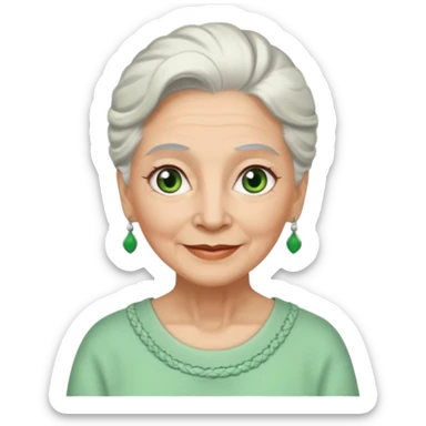 abuela con ojos verdes, pelo blanco, pelo blanco y amarrado, aspecto feliz sticker
