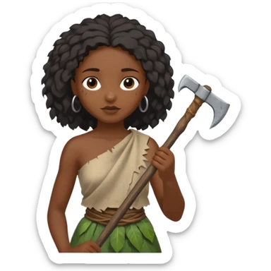 ancient black girl, tattered leaf cloth, hold broken stone ax sticker
