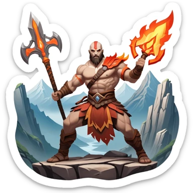 An icon showing a powerful warrior wielding a weapon, inspired by God of War: Ragnarok. The design captures the character’s strength, with dynamic motion lines. A fiery, mythological background with mountains and ruins enhances the epic atmosphere. Transparent background. sticker