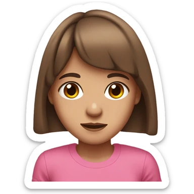 14-year-old girl with long brown hair and bangs brown and big eyes With tight pink t-shirt and a freckle on the right chek sticker