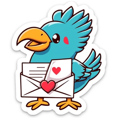 Mayan style bird carrying mail, love letter with heart, envelope with message, all with clean geometric lines sticker