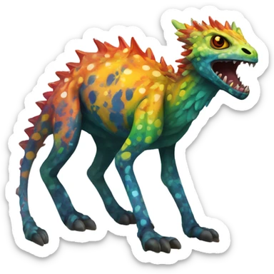 a colorful edgy vernid-fionbri-creature with splash patterns full body sticker