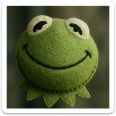 smiling plush Kermit face, emoji style, soft fabric look, joyful expression sticker