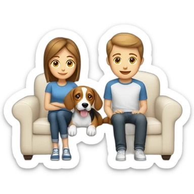 Brown hair White boy and girl with beagle Sit on couch sticker