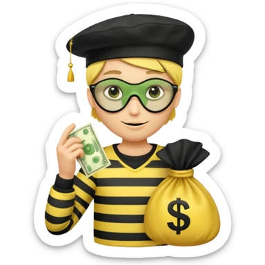 Create a high-quality emoji-style illustration of a cartoon thief character. The character should have a yellow face, wearing a black eye mask and a black beret. He is dressed in a black-and-white striped shirt. In one hand, he's holding a golden money bag with a green dollar sign on it.  sticker