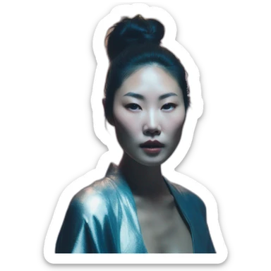 asian woman david bellemere, bathed in shadows, fov 90 degrees, short lighting, cold colors, gilded technique, extremely hyper aesthetic sticker
