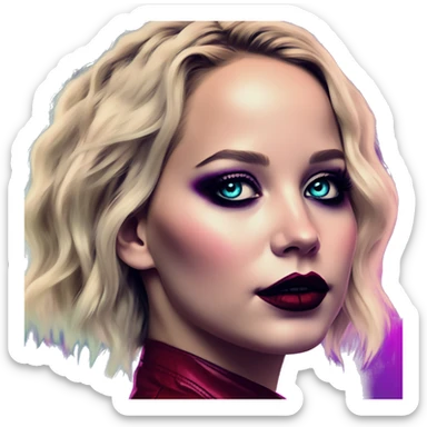 Synthwave Jennifer Lawrence in Harley Quinn style, oil paint, mysterious eyes, intricate lips, masterpiece portrait, odd perspective, beautiful, desirable, logical sticker
