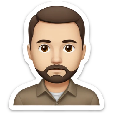 Close-up of René Monclova with light skin tone, round face, broad cheekbones. Lively dark brown eyes, thick straight eyebrows. Short messy brown hair with slight receding hairline. Untidy brown beard covering jaw. Wearing a dark collared shirt. sticker