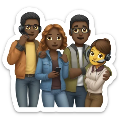 A group of 5 humans cuddling withcasual cloths, having headsets on and holding telephones  sticker