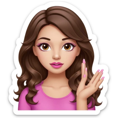 girl with long wavy brown hair, brown eyes, light to medium complexion, in a pink sexy top, pink puckered lips, long lashes, showing a manicure sticker