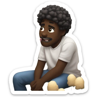 a black man eating white cotton candy crying because he loves it so much. he is sitting in a mustard field with warm sunset gracing the scene sticker