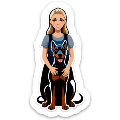 Blonde girl and greyish brown doberman sticker
