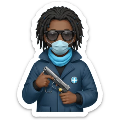African American man with shoulder length black dreadlocks  wearing black sunglasses wearing a black bubble winter coat wearing a blue hospital mask covering mouth and nose  holding a pistol gun in hand sticker