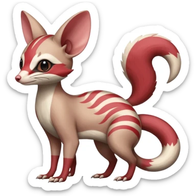 Minccino-Opossum-Numbat-Sphynx-Zangoose-fusion-hybrid-animal-Fakémon-creature, full body, thin long sleek scaly tail, intricate markings sticker