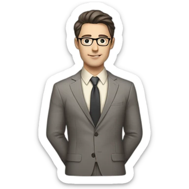 Full height Pale skinned Fit Man With dark brown hair in classic gray suit, beige office shirt, dark gray tie, and vintage glasses. His hands lock sticker