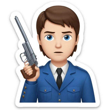 guy w medium long brown hair and blue eyes with gun pointed towards him sticker