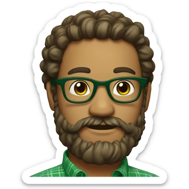 An emoji of a man with curly hair tied into a bun, wearing green prescription glasses. He also has a long beard and is wearing a green plaid shirt. sticker