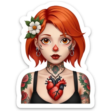 girl with fair skin, small nose, orangey red shoulder-length hair, large brown eyes, full lips, septum ring on nose and large black and white chest tattoo of anatomical heart with tattoos of flower bunches near the shoulders sticker