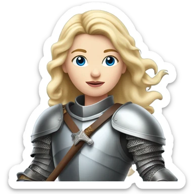 White girl with blonde hair standing dressed as a knight with  a sword in her hand and her hair is blowing in the wind. She has full, pink lips and blue eyes. sticker