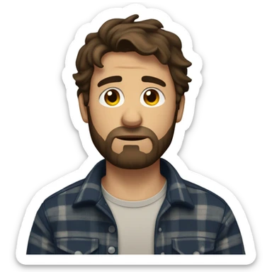sad man with a beard and short scruffy medium brown hair wearing a buttoned flannel sticker