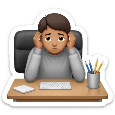 A person wearing a jumper experiencing burnout, exhausted and overwhelmed, tired eyes, slumped posture, sitting at a desk, iOS emoji style sticker