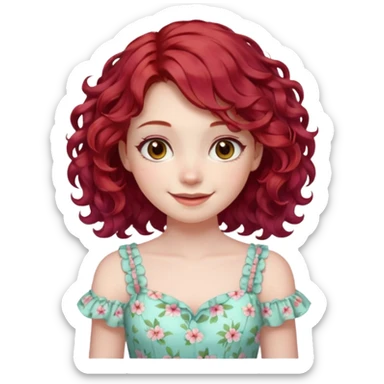 girl with shoulder length curly cherry red hair with brown eyes and pale skin smiling. pastel dress sticker