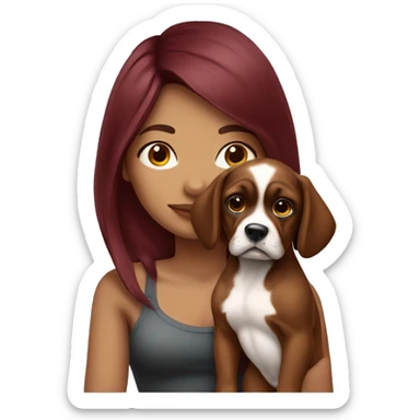 Beautiful tattooed  burgundy long haired woman holding a boxer puppy sticker