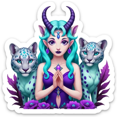 Feminine Baphomet standing among trippy purple and teal mushrooms.. she’s petting a snow leopard  sticker
