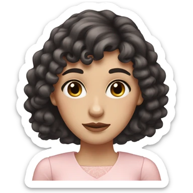 White woman with long black curly hair and bangs and dark brown eyes, wearing a pastel pink dress sticker
