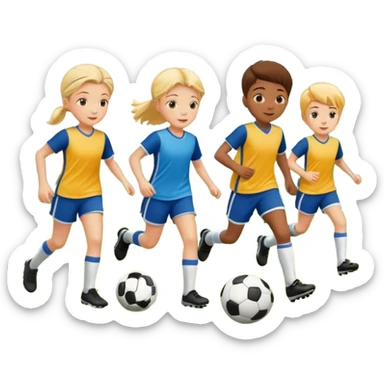 A group of 4 kids playing soccer in a park sticker