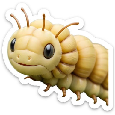Beautiful and Majestic Caterpillar Portrait Emoji, Head and body rendered in serene repose with a gentle, content smile, showcasing a delicately segmented form with softly textured hues and eyes peacefully closed in tranquil slumber, Simplified yet exquisitely endearing features, highly detailed, glowing with a soft, drowsy natural light, high shine, relaxed and utterly noble, stylized with an air of graceful metamorphosis, soft glowing outline, capturing the essence of a beautiful and majestic caterpillar that embodies the quiet promise of transformation! sticker