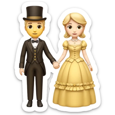 two 3d yellow emoji characters holding hands, dressed in elegant victorian attire, soft romantic expression, classic glossy 3d emoji render, white background sticker