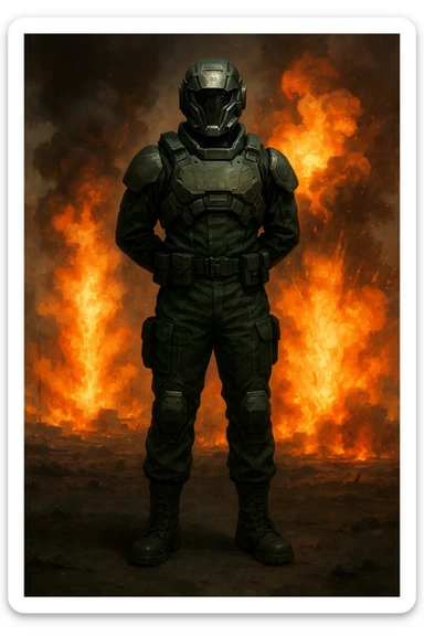 Sci-fi soldier in dark green fatigues, standing at attention with hands behind back, facing camera. Explosions and flames behind, warzone vibe. sticker
