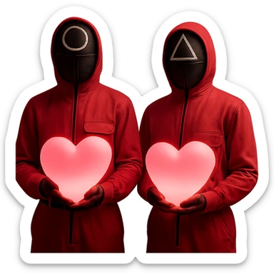 Edit the image of two masked guards from Squid Game series in pink jumpsuits, both holding large glowing pink hearts that emit soft light. Keep the original style with minimal background and dramatic lighting. Remove the background entirely. sticker