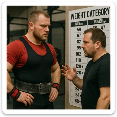 Powerlifter in competition clothing, discussing with a coach in front of a weight category chart, both with serious expressions, important choice atmosphere, realistic details, gym background sticker