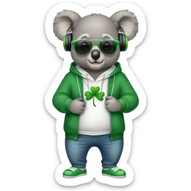 anthropomorphised koala, full body, wearing a hoodie and jeans, dark sunglasses, headphones, dressed for St. Patrick's Day, different pose sticker
