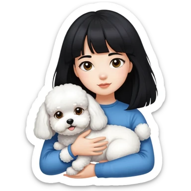 A beautiful girl with long black hair and bangs hugs a Bichon Frise tightly sticker