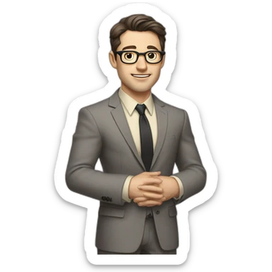 Full height Pale skinned Fit Man With dark brown hair in classic gray suit, beige office shirt, dark gray tie, and vintage glasses. Thrumbs of his palms directed up sticker