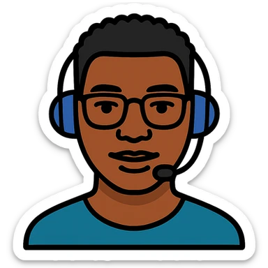 Add a headset to the young African man with eye glasses, keep the original style and transparent background. sticker