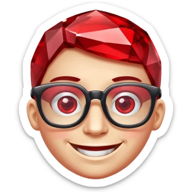 A single red crystal gemstone character wearing glasses, chunky and irregular with faceted very sharp sides, smile, , high detail, sticker
